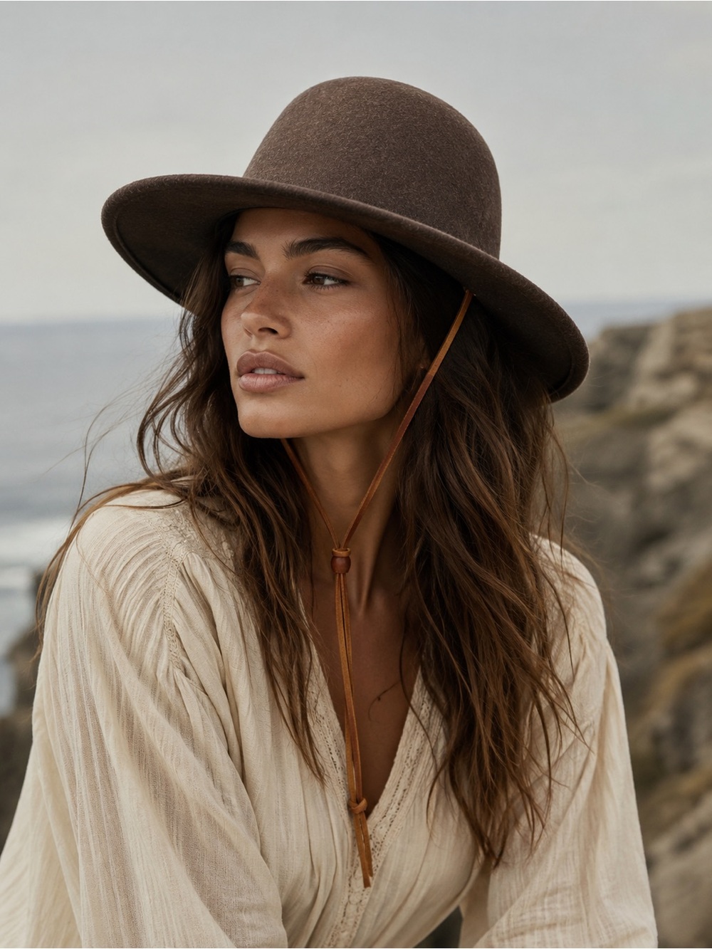 San Diego Hat Company Brown Felt Wide Brim Hat with Chin Strap